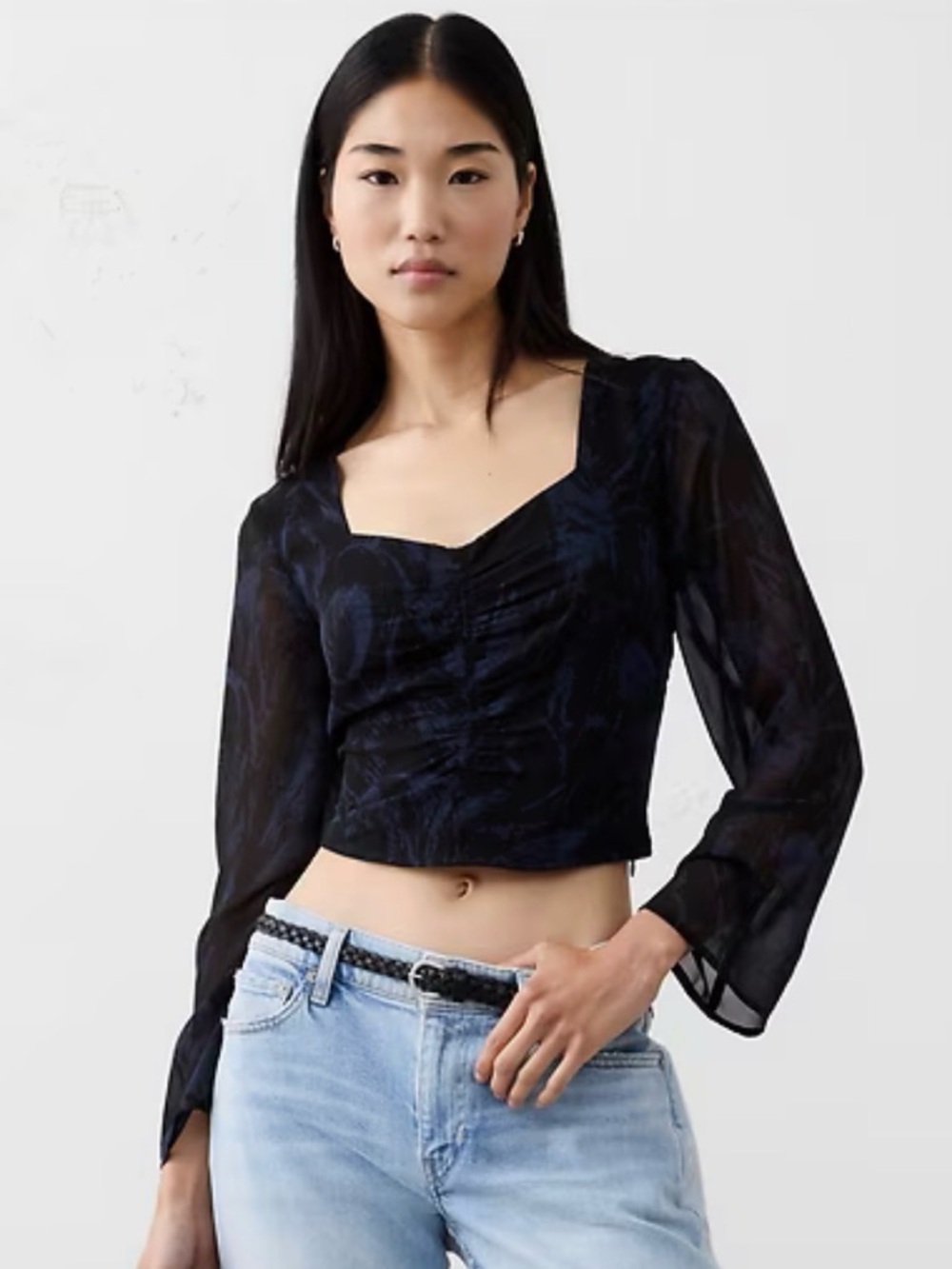 Banana Republic Black Sheer Square-Neck Ruched Crop Top NWT